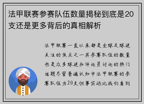 法甲联赛参赛队伍数量揭秘到底是20支还是更多背后的真相解析